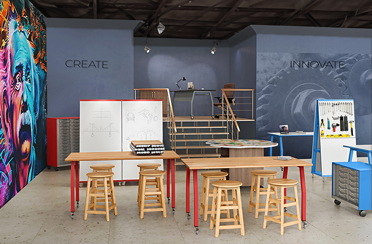 A makerspace shown in K12 School with innovative school furniture.