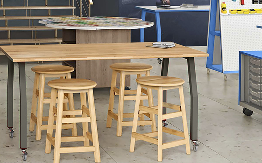 Desk with wooden stools